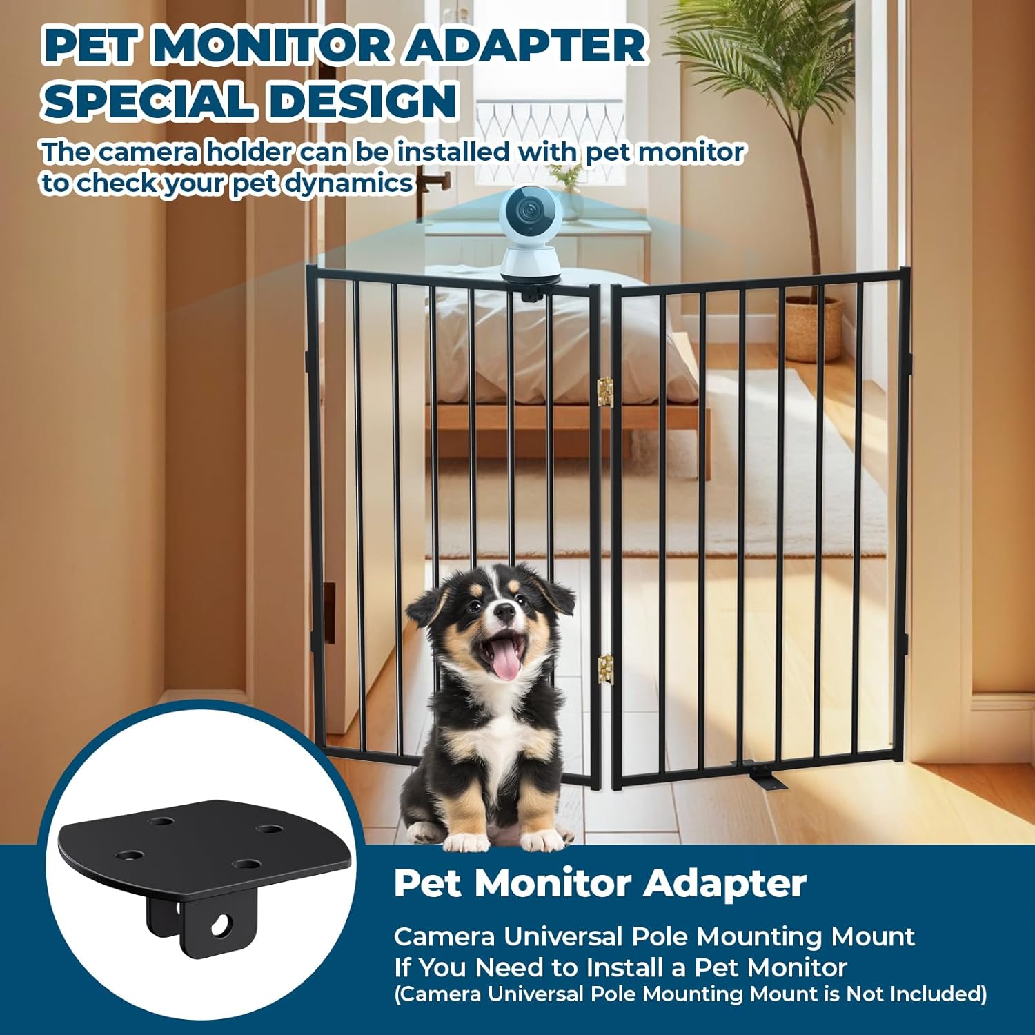 Full Metal Freestanding Dog Gate -2 Panels, Extra Wide Foldable Pet Fence with Pet Monitor Adapter for Indoor/Outdoor, 32'' Height Tall Dog Gate Gate for Doorways, Stairs, Hallways, Yard