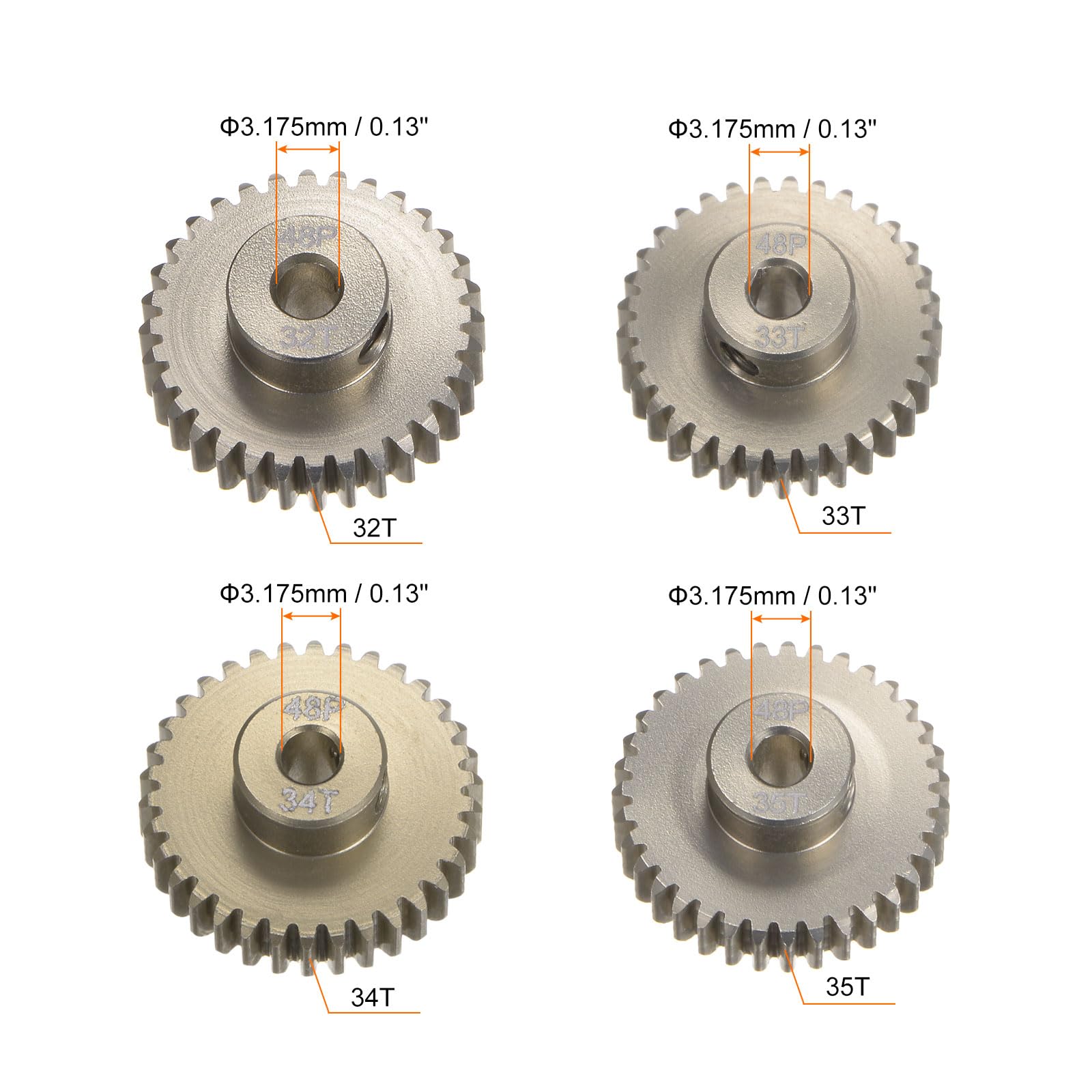 sourcing map Zestaw 4 szt. hartowanych zębników 48P 32T, 33T, 34T, 35T, pasuje do silnika RC 3,175 mm, wał 48 odległości, aluminiowe koła zębate 7075, do samochodów RC z kluczem sześciokątnym