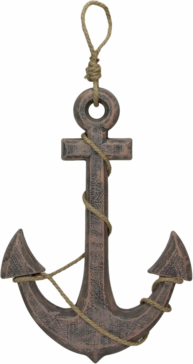 Large 24"x16" Ship Anchor & Rope Wall Hanging - Hand-Stained Brown Finish for Nautical Elegance - Easy Installation - Captivating Maritime Or Beach Decor