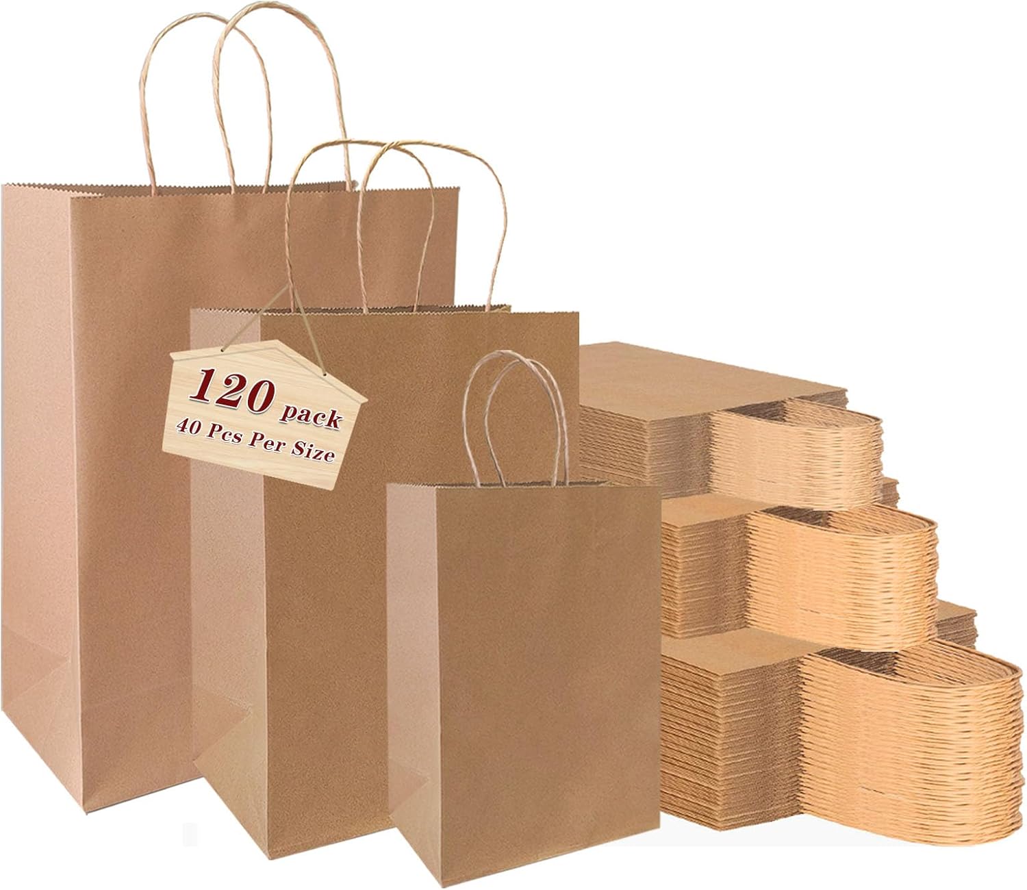 vanhel 120 pack Kraft Paper bags with Handles,Assorted Sizes Gift Bags Bulk Kraft Paper Bags, Weeding,Birthday, Favor,Party,Retail Merchandise Bags…, Brown