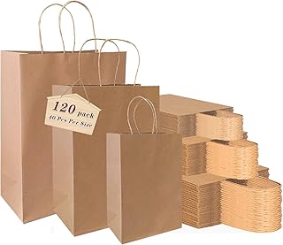 vanhel 120 pack Kraft Paper bags with Handles,Assorted Sizes Gift Bags Bulk Kraft Paper Bags, Weeding,Birthday, Favor,Party,Retail Merchandise Bags…, Brown