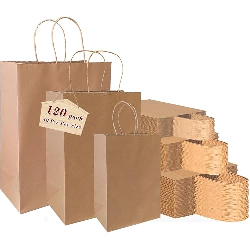 vanhel Kraft Gift Paper Bags with Handles,120pack Multiple 3 Assorted Sizes | Gift Bags for Favors Grocery Retail Party Birthday Shopping Business Goody Craft Merchandise Take Out Sacks