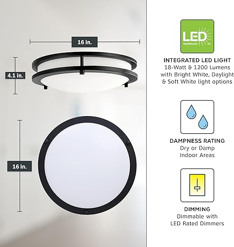 Miniatura 10 de Lámpara de techo redonda de 14 pulgadas, color negro mate, 26 vatios, 1400 lúmenes, regulable, luz LED de CC de montaje empotrado, blanco suave,