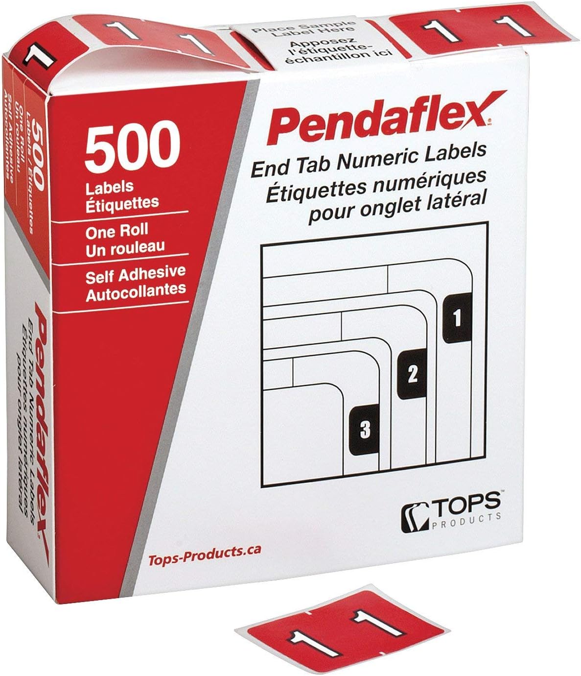 Pendaflex End Tab Numeric Labels,"1", Red, 500 Labels/Roll