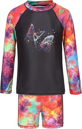 Girls Two Piece Rash Guard Swimsuits Set with Swim Trunk Kids Long Sleeve Bathing Suit Swimwear Set