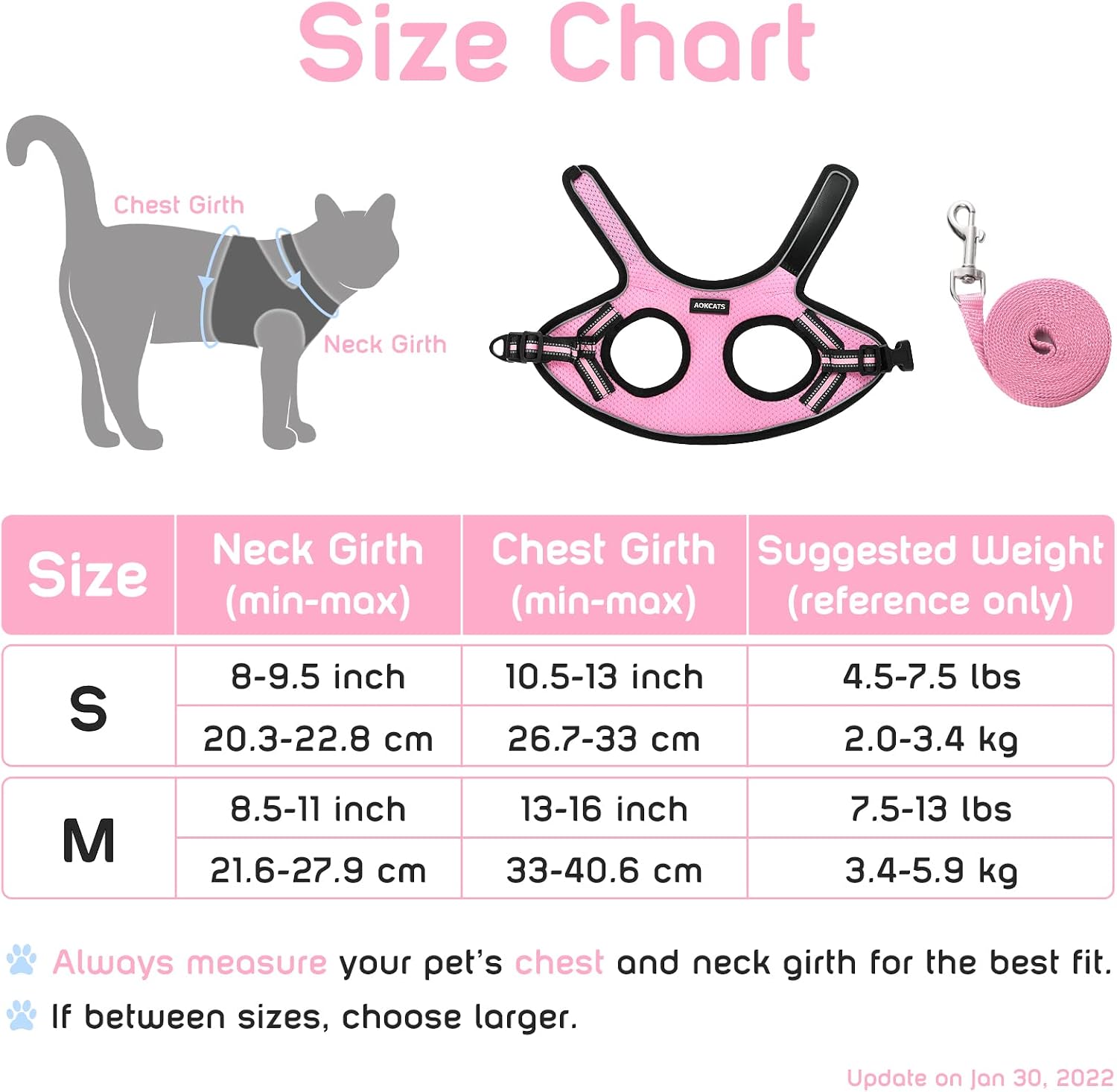 AOKCATS Cat Harness and Leash Set, Escape Proof Soft Adjustable Kitten Vest Harnesses for Walking with Reflective Strips Breathable Mesh Kitty Jacket for Small Cats Comfort Fit Easy Control, Pink, S