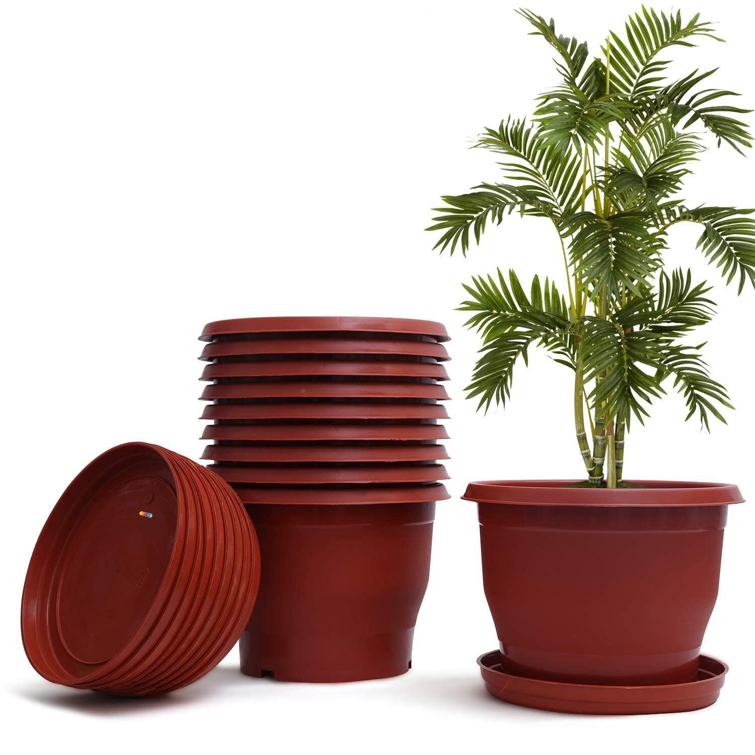 Livzing Plastic Flower Pot with Bottom Tray Set - 12 Inch, 10 Pack, Garden Planters with Drain Holes for Home Plants,Plastic Pots for Indoor and Outdoor Gardening with Drip Tray (Brown)