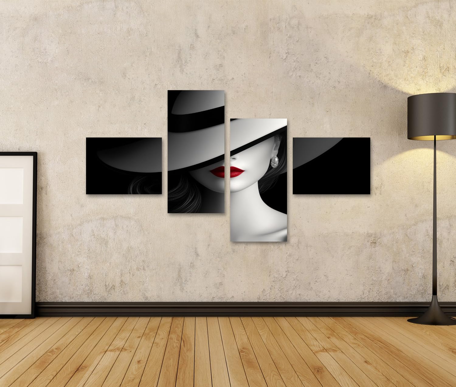 islandburner Tableau sur toile femme avec rouge à lèvres rouge et grand chapeau noir et blanc