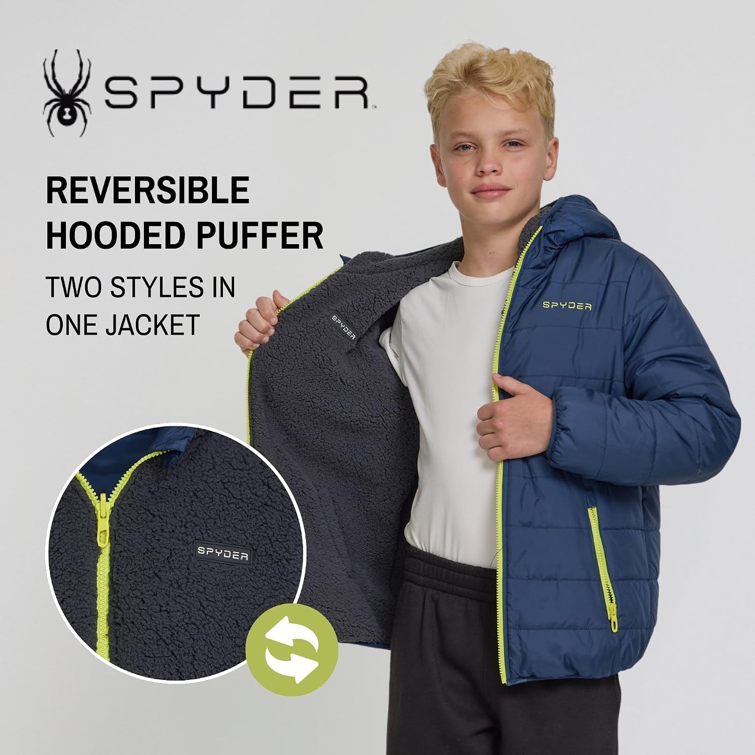 Spyder Reversible Boys Puffer Jacket - Fleece Lined Puffer Coat with Hood, Sherpa Winter Kids Outerwear, Sizes 4-20