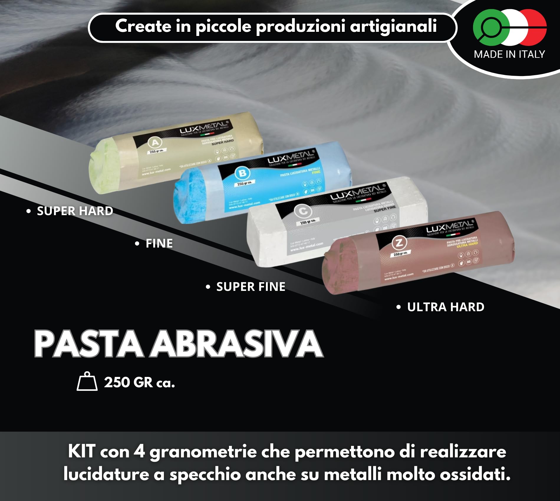 Lux Metal Kit Lucidatura 4 Pasta Abrasiva Lucidante 250 gr e 4 Disco Lucidatura 150 mm in Cotone Trapano Mola Dischi Per Lucidare Acciaio Inox Metalli Alluminio Set Lucida Cromature Ottone Ruota Rame