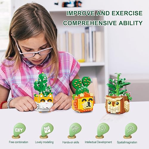 Miniatura 7 de Paquete de 3 juguetes de construcción de microladrillos, cacto rojo león, cactus y búho, orquídea de hoja de corazón, mini bloques de construcción,