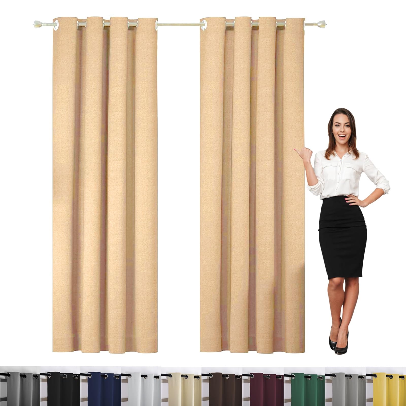 Verdunklungsvorhänge 2Er Set 50 x 70 cm Knitterfrei Pflegeleicht, Gardinen Extra Breit Thermovorhang, mit Raffhalter für Schlafzimmer Wohnzimmer, Beige