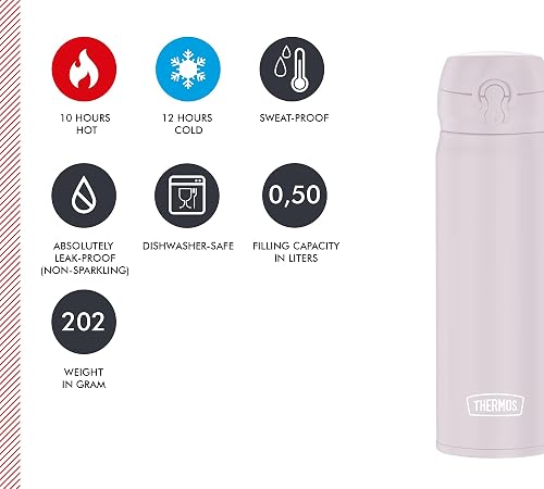 THERMOS ULTRALIGHT BOTTLE Bouteille isotherme, 0,50 l, rose doux, en acier inoxydable, 10 h chaud/20 h froid, entièrement étanche, pour eau, thé, boissons calmes - 5