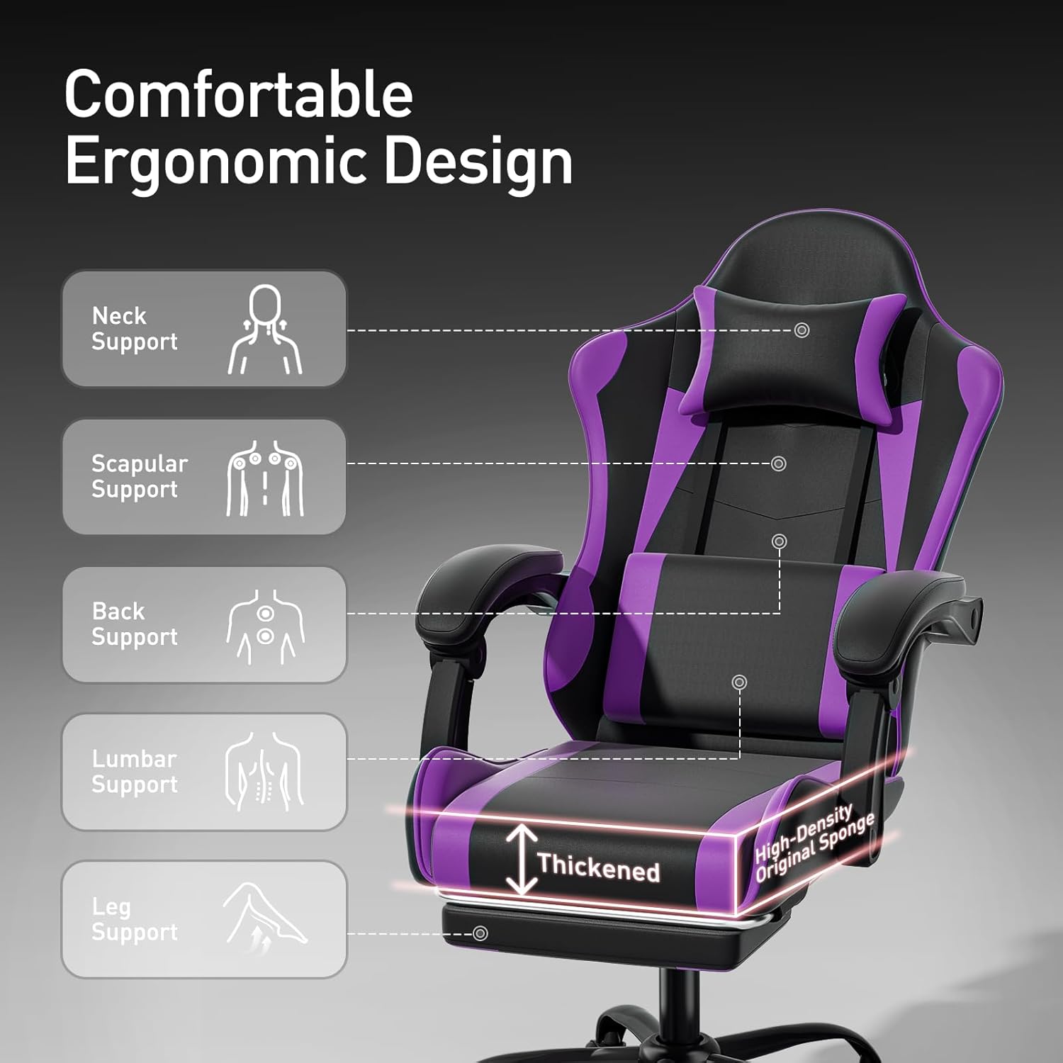 MoNiBloom Gaming Chair Office Chair Leather High Back Computer Chair with Headrest and Lumbar Support 360° Swivel Ergonomic Footrest Adjustable Gamer Chair for Adult Teen Home Office Using, Purple