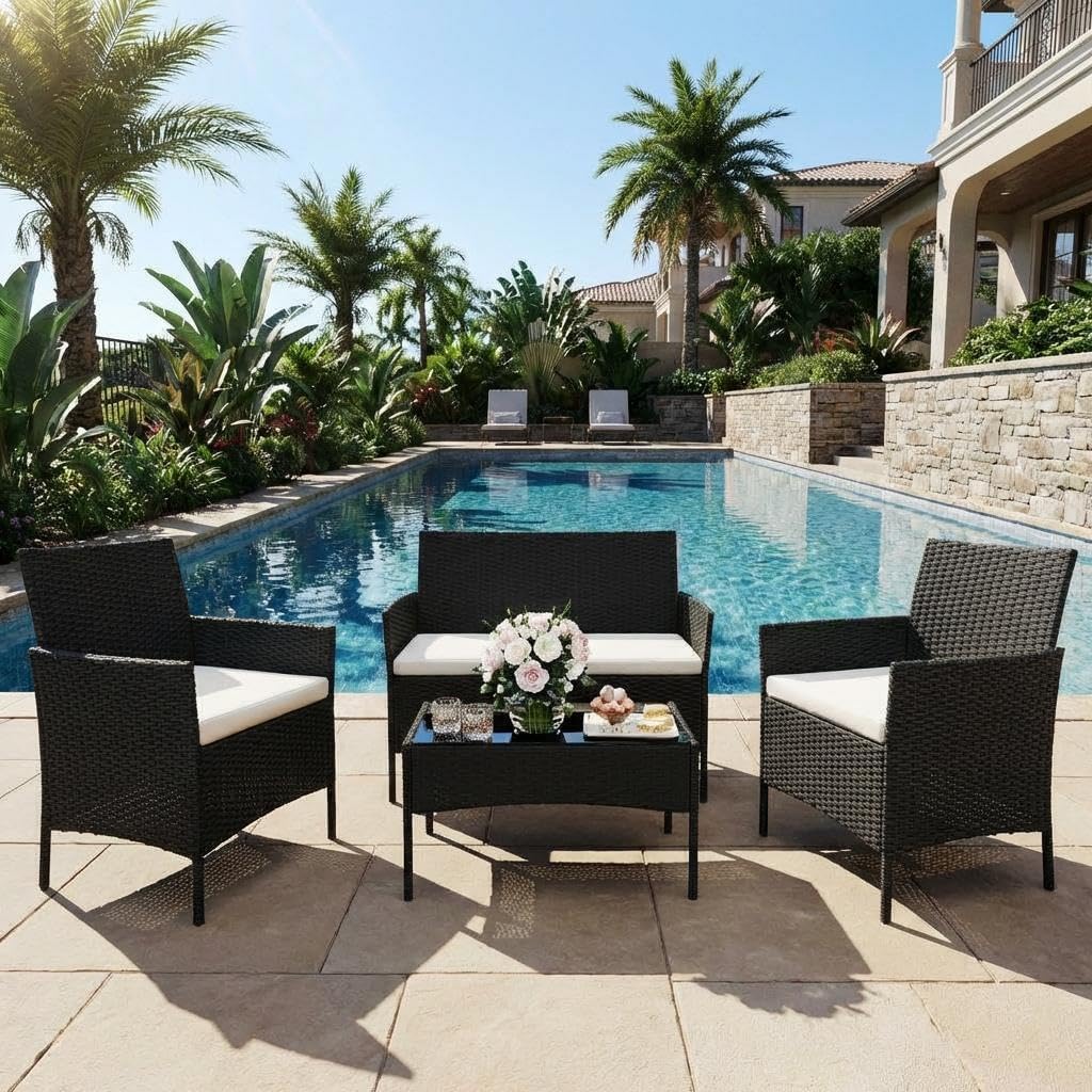 4-Piece Patio Furniture Set, Outdoor Wicker Conversation Set with Tempered Glass Coffee Table, Heavy Duty PE Rattan Sectional Sofa & Washable Cushions for Backyard, Deck, Poolside (Black Rattan/Beige)