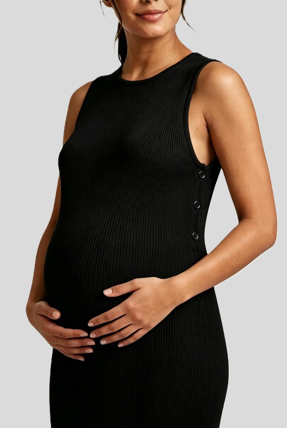 2026 Summer Maternity Dress Sleeveless Rib Knit Nursing Dress with Side Buttons–Nursing Friendly