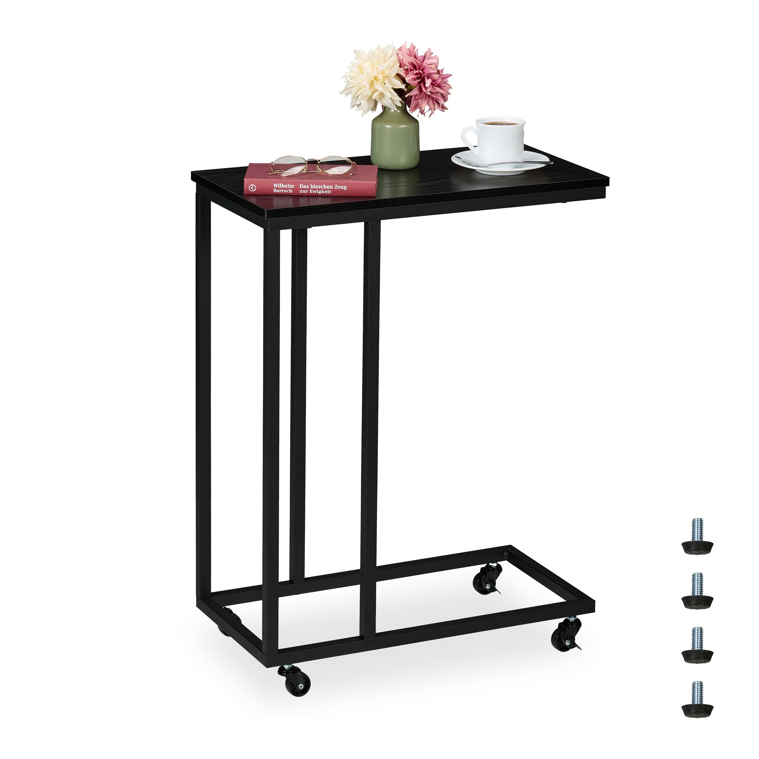 Relaxdays Tavolino da Divano a Forma di C, HLP: 79x60x30 cm, Tavolo Laterale da Salotto e Letto, Ferro e PB, Nero