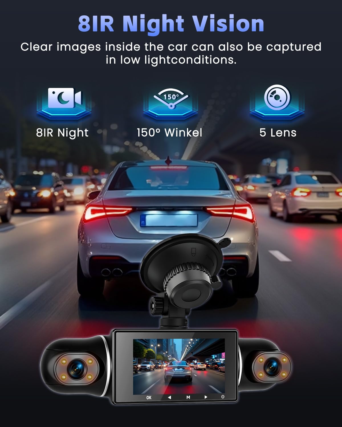 Hikity 5 Channel Dash CAM, 360 ° Dash CAM 1080P * 4 Delantero y Trasero Interior Izquierdo Derecho, Cámara de Coche con Tarjeta de 64GB - Wi-Fi, Grabación en Bucle, G-Sensor, Visión Nocturna
