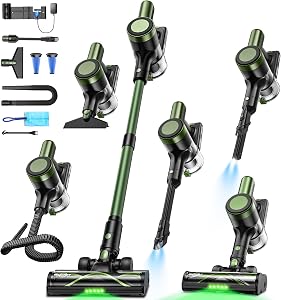 Cordless Vacuum Cleaner,58kPa/10-in-1 Stick Vacuum with 29-inch Hose and LED Lighting Brush,55Mins Runtime Vacuum Cleaner for Home,Self-Standing Vacuum with Anti-Tangle Brush for Carpet (Green)