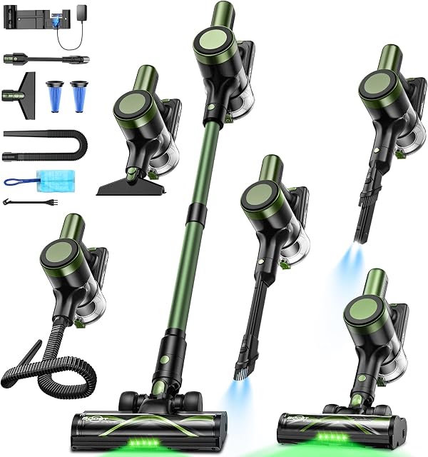 Aspirateur sans fil,58kPa/10-in-1 Aspirateur de bâton avec 29-inch Tuyau et LED Brosse d'éclairage,55Mins Nettoyeur à vide pour la maison, Aspirateur autoportant avec brosse anti-angle pour tapis (vert)