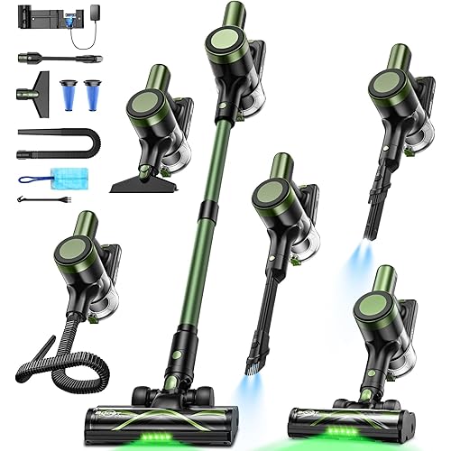 Cordless Vacuum Cleaner,58kPa/10-in-1 Stick Vacuum with 29-inch Hose and LED Lighting Brush,55Mins Runtime Vacuum Cleaner for Home,Self-Standing Vacuum with Anti-Tangle Brush for Pet Hair/Carpet/Floor