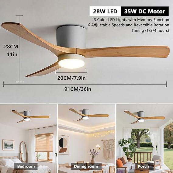 36 Inch Gray Ceiling Fan with Light, Flush Mount for Bedroom Living Room