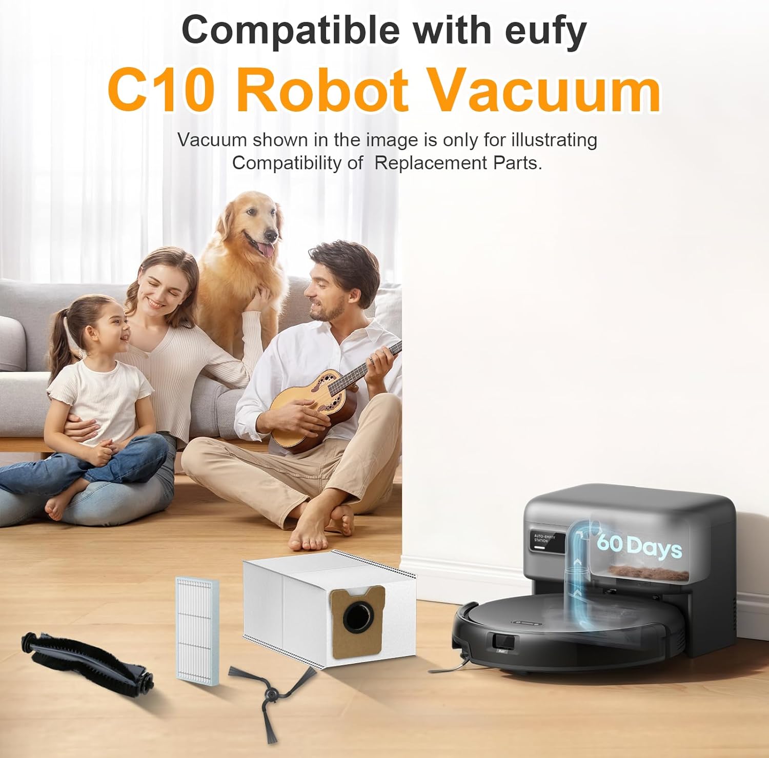 FFsign 28 Pack Replacement Parts Compatible with Eufy C10 Robot Vacuum, Self Emptying RoboVac Accessories Kit 2 Rolling Brushes, 8 Dust Bags, 8 Side Brushes, 8 Filter Sets