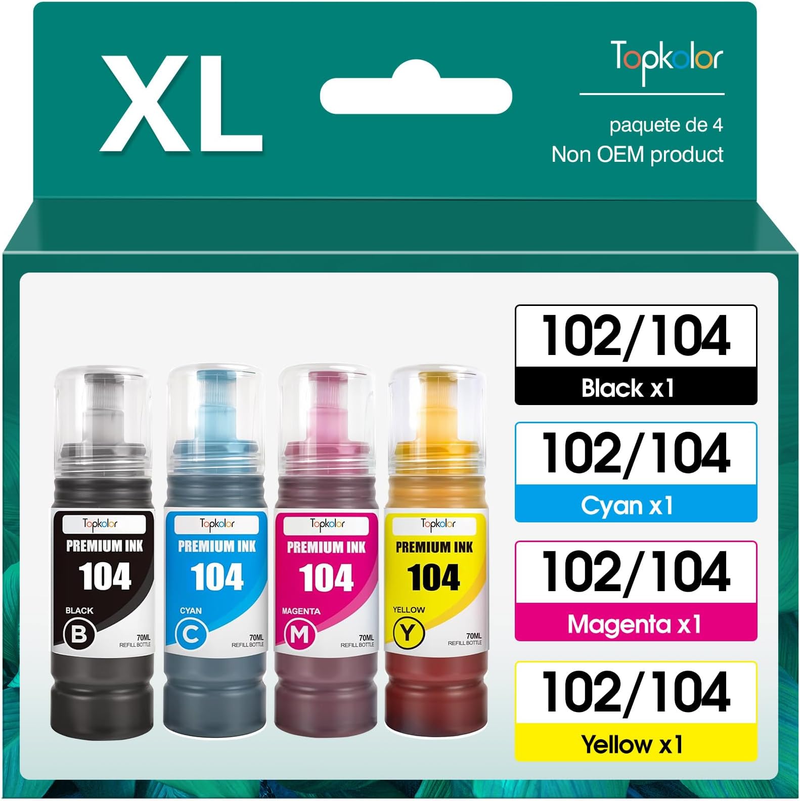 Topkolor 104 102 Ink Bottle Replacement for Epson EcoTank 104 102 Compatible with EcoTank ET-2710 ET‑2711 ET-2720 ET-2726 ET-2750 ET-2810 ET-2820 ET-2850 ET-3750 ET-4700 ET-4750 ET-15000