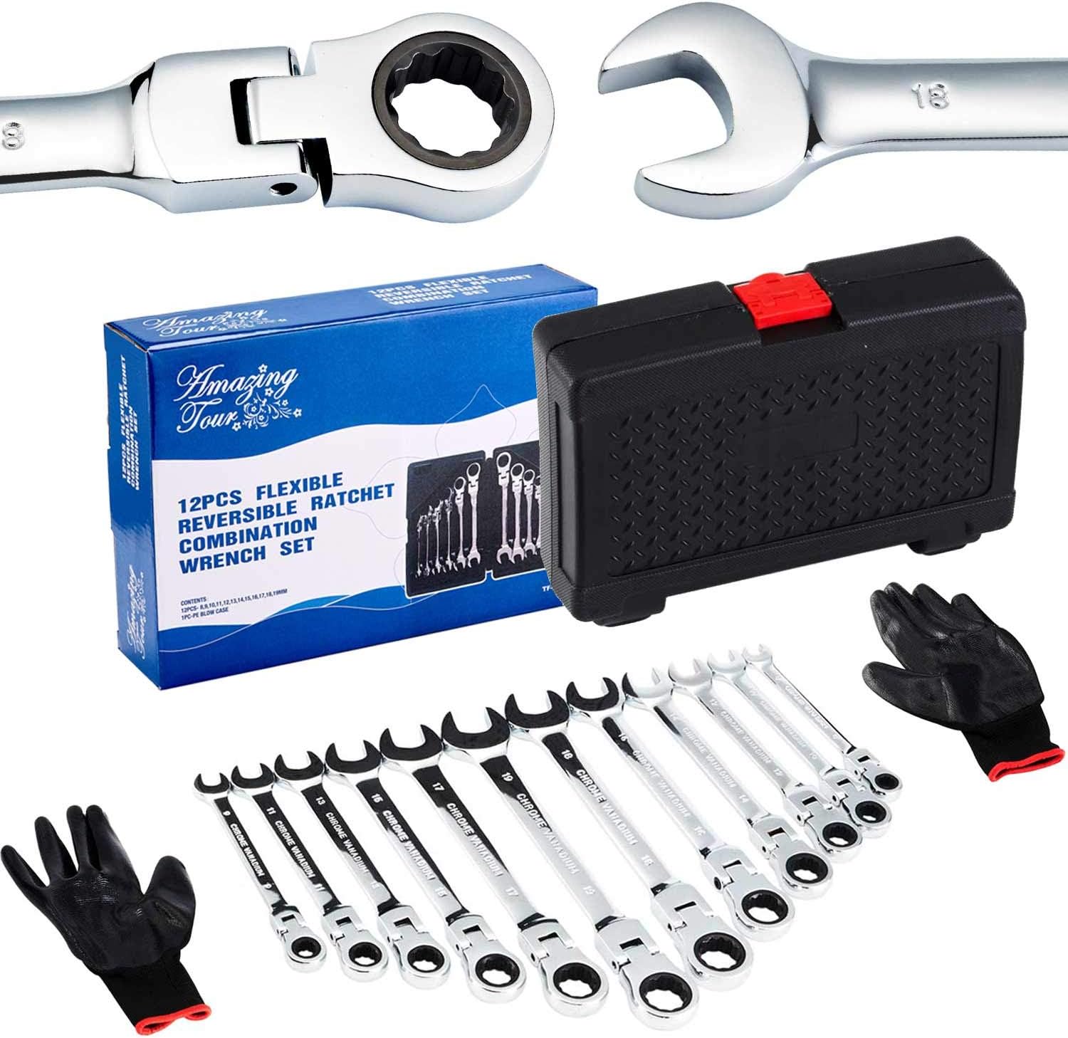 12 Pcs 8mm-19mm Flex-Head Ratcheting Wrench Tool Set Combination Spanners Flexible Amazing Tour