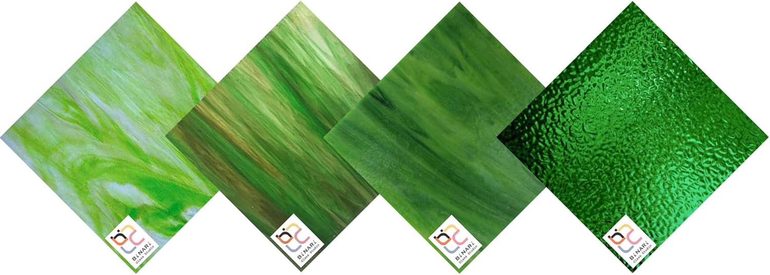 Wissmach 4 Sheet Green Variety Stained Glass and Mosaic Glass (8"x6") by BiNARi Glass Studio