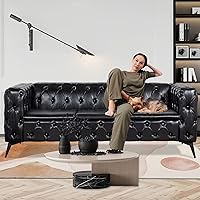 Vista 8 de Sofás negros para sala de estar, moderno sofá Chesterfield copetudo, asiento profundo, cómodo sofá de piel sintética, brazos enrollados plisados