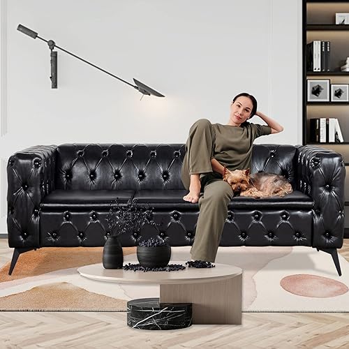 Miniatura 8 de Vaztrlus Sofás negros para sala de estar, moderno sofá Chesterfield copetudo, asiento profundo, cómodo sofá de piel sintética, brazos enrollados