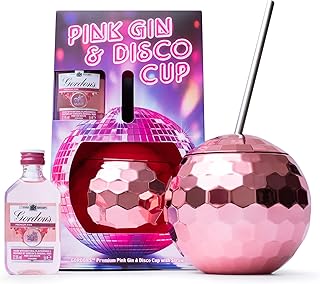 Pink Gin Gift Set - Christmas Gin Gifts for Women, Includes Gordon's Pink Gin Alcohol Miniature, Disco Ball Cup & Metal Straw - Flavoured Gin Gift for Her, Alcohol Gift Set, Birthday Womens Gifts