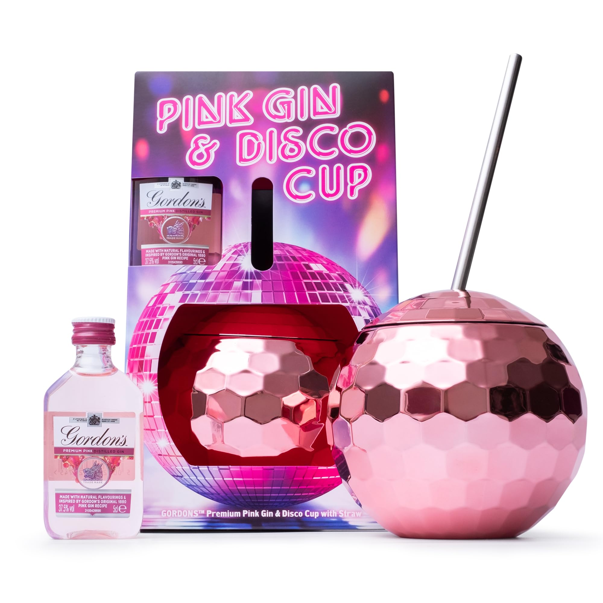 Pink Gin Gift Set - Gin Gifts for Women, Includes Gordon's Pink Alcohol Miniature, Disco Ball Cup & Metal Straw - Flavoured Gins for Her, Alcohol Gift Set, Birthday Womens Gifts
