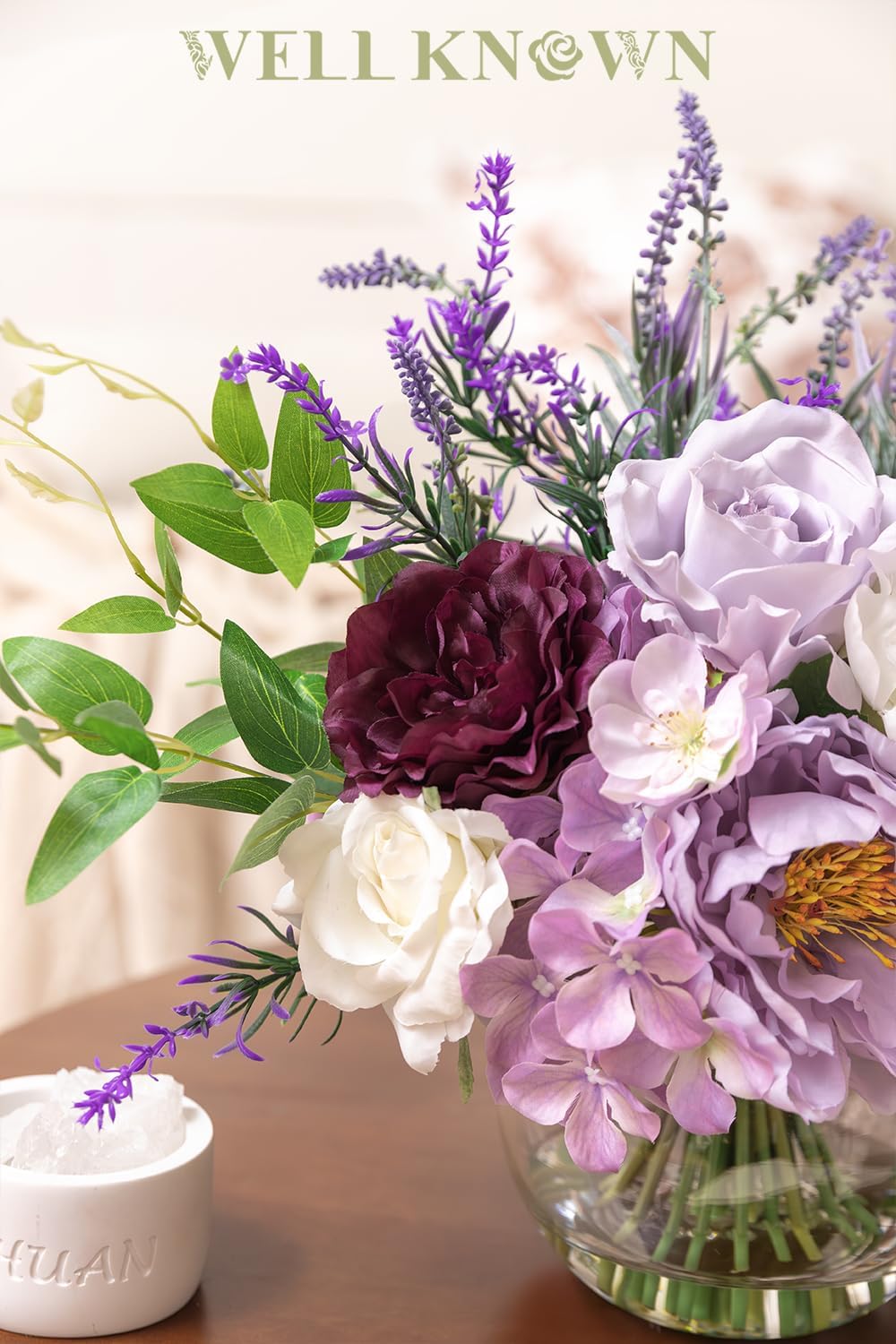 Artificial Flowers in Vase for Home Decor, Fake Lavender & Silk Peony Flower Bouquet Centerpieces in Glass Vase with Fake Water for Party Wedding Dinning Table Office Hotel Decor (Lavender Mixed Plus) - Image 8