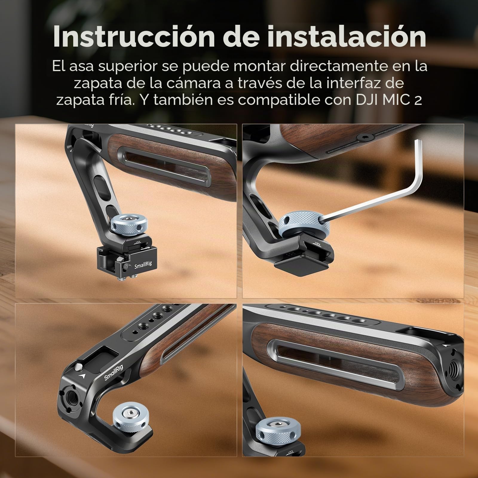 SmallRig Mango superior de madera con soporte de zapata fría, mango superior de madera ligero para jaula de cámara, capacidad de carga de hasta 10 kg, agujeros de localización de 3/8''-16 para ARRI y