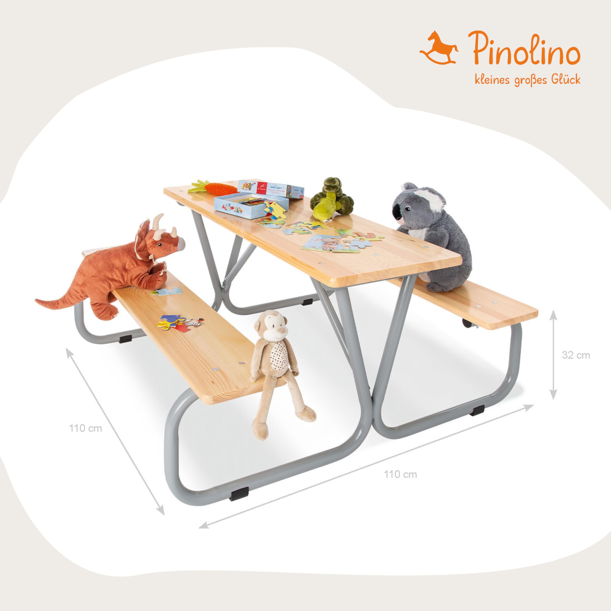 PINOLINO Michel Kindersitzgarnitur - Kinder Sitzgruppe - Kindertisch mit 2 Bänken & 1 Tisch - Kindersitzgarnitur aus Holz - Picknicktisch - Sitzgruppe für Kinder ab 3 Jahre, Grau