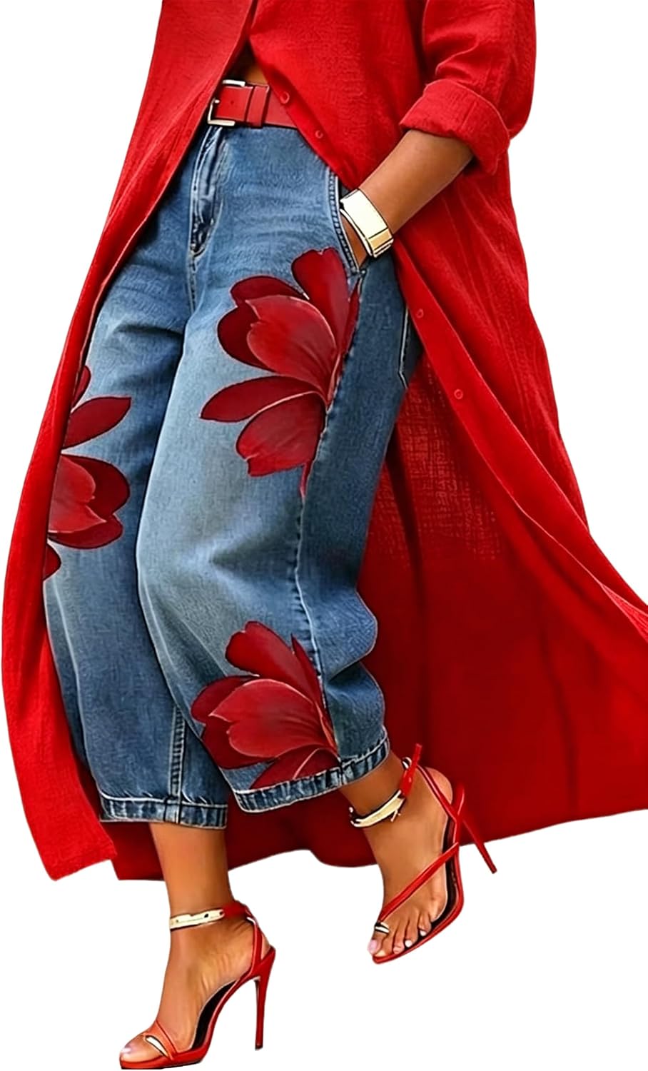 oshoplive Women's Floral Jeans Elastic High Waisted Wide Leg Barrel Jeans Cropped Baggy Denim Pants with Pockets