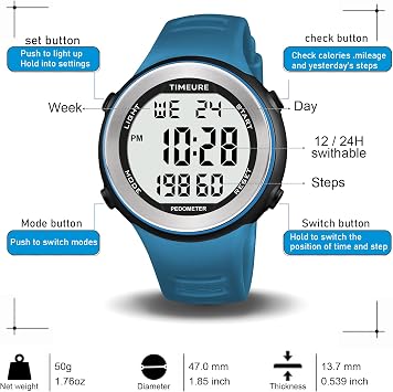 Mens Pedometer Watch for Walking Step Counter Watch No Charging, No App Connection, with EL Backlight. Simple, Practical Choice for Mobile-Free Fitness Enthusiasts TIMEURE-2308