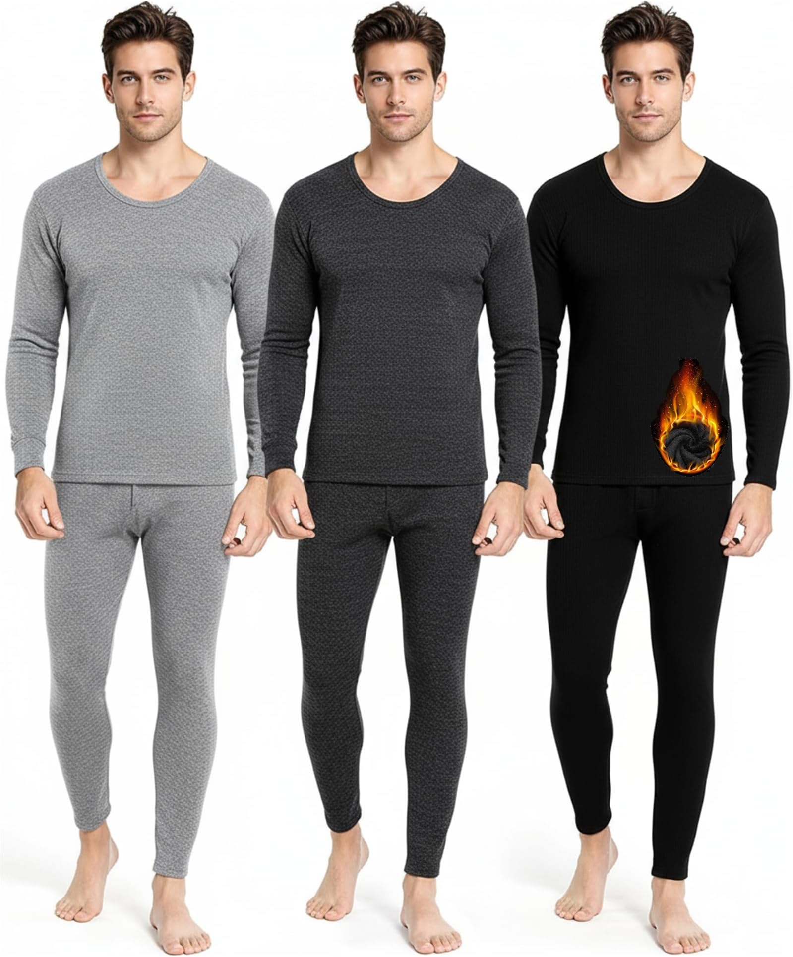 3 Set Thermal Underwear for Men Extra Thick Fleece Lined Long Underwear Winter Base Layer Top Bottom Cold Weather