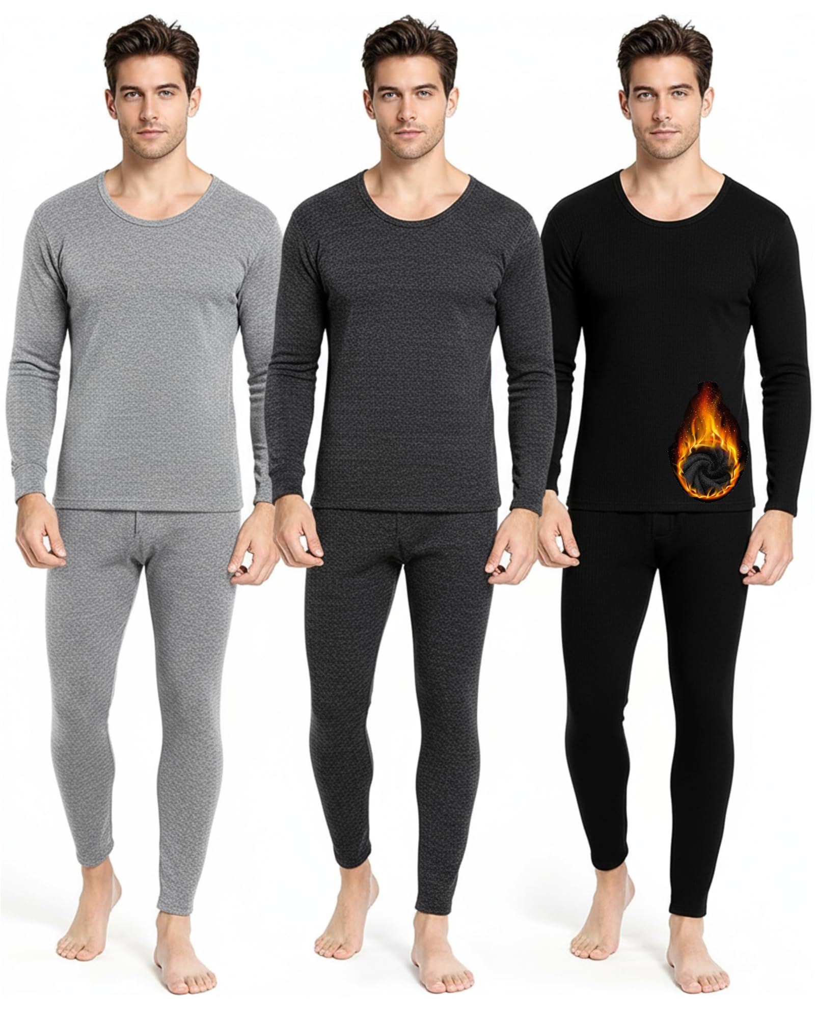 3 Set Thermal Underwear for Men Extra Thick Fleece Lined Long Underwear Winter Base Layer Top Bottom Cold Weather