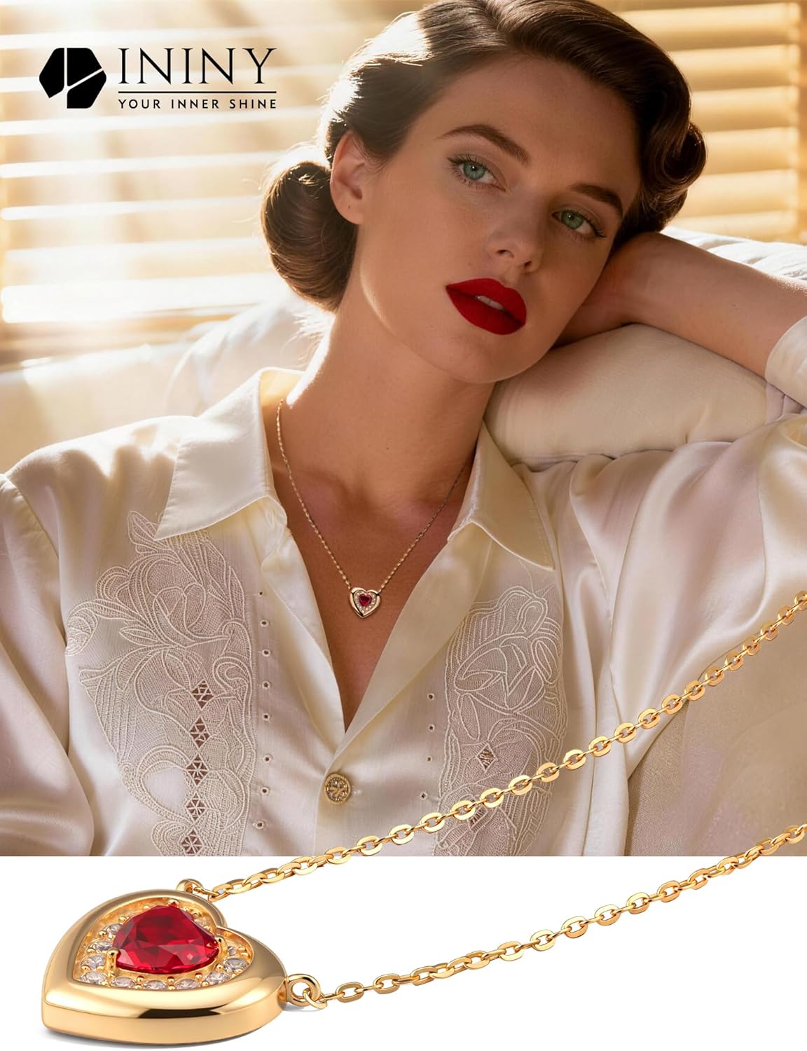 Certified 2CT Lab Grown Pigeon Blood Ruby Heart Necklace, 14K Champagne Gold Plated Sterling Silver Chain, Vintage Style Halo Pendant, Conflict-Free July Birthstone Gift for Women, Anniversary, Mother's Day, Box & Certificate Included