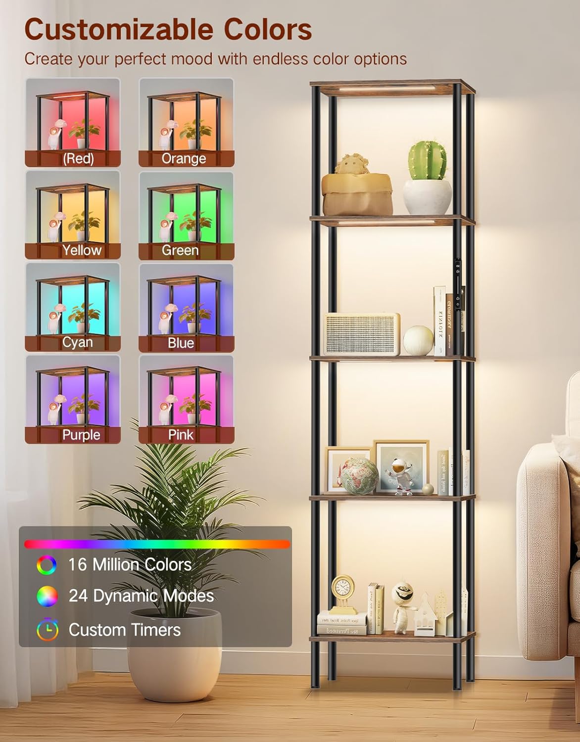 5 Tier Display Shelves with RGB Lights, Display Cabinet with Touch & APP & Remote Control, Dimmable Bookshelf with Music Sync, Adjustable Color Lighting for Living Room, Bedroom