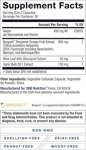 Miniatura 9 de 1MD Nutrition CholestMD con extracto de hoja de olivo, Bergavit, niacina, ajo  60 cápsulas
