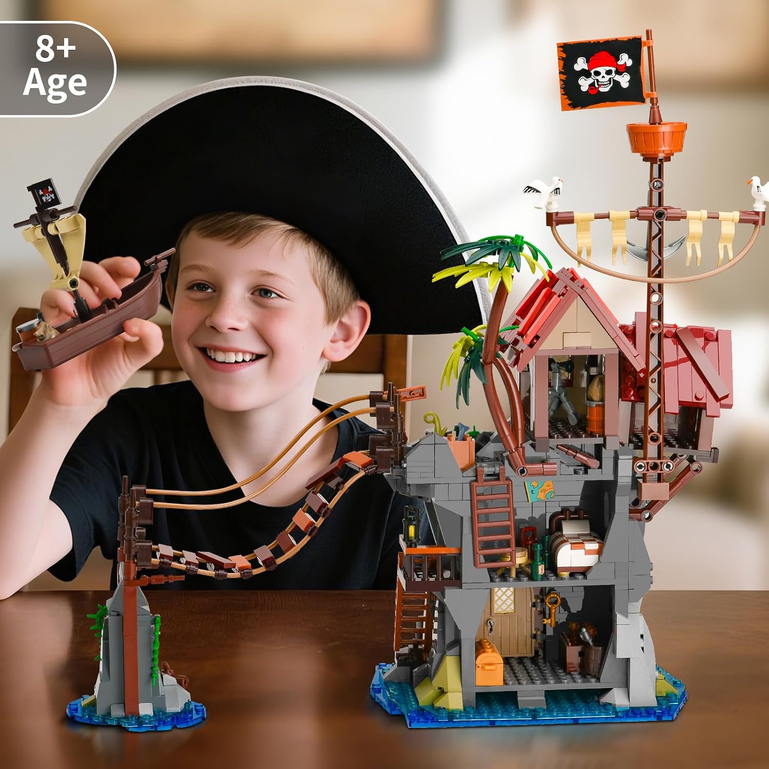 Pirate Cabin Building Sets for Adults,Pirate's House with Bridge and Ship in Island,Medieval Castle Skull Building Block Toy for Home Decor,Ideal Gift for Men Teens Kids Boys 8+(1044PCS)