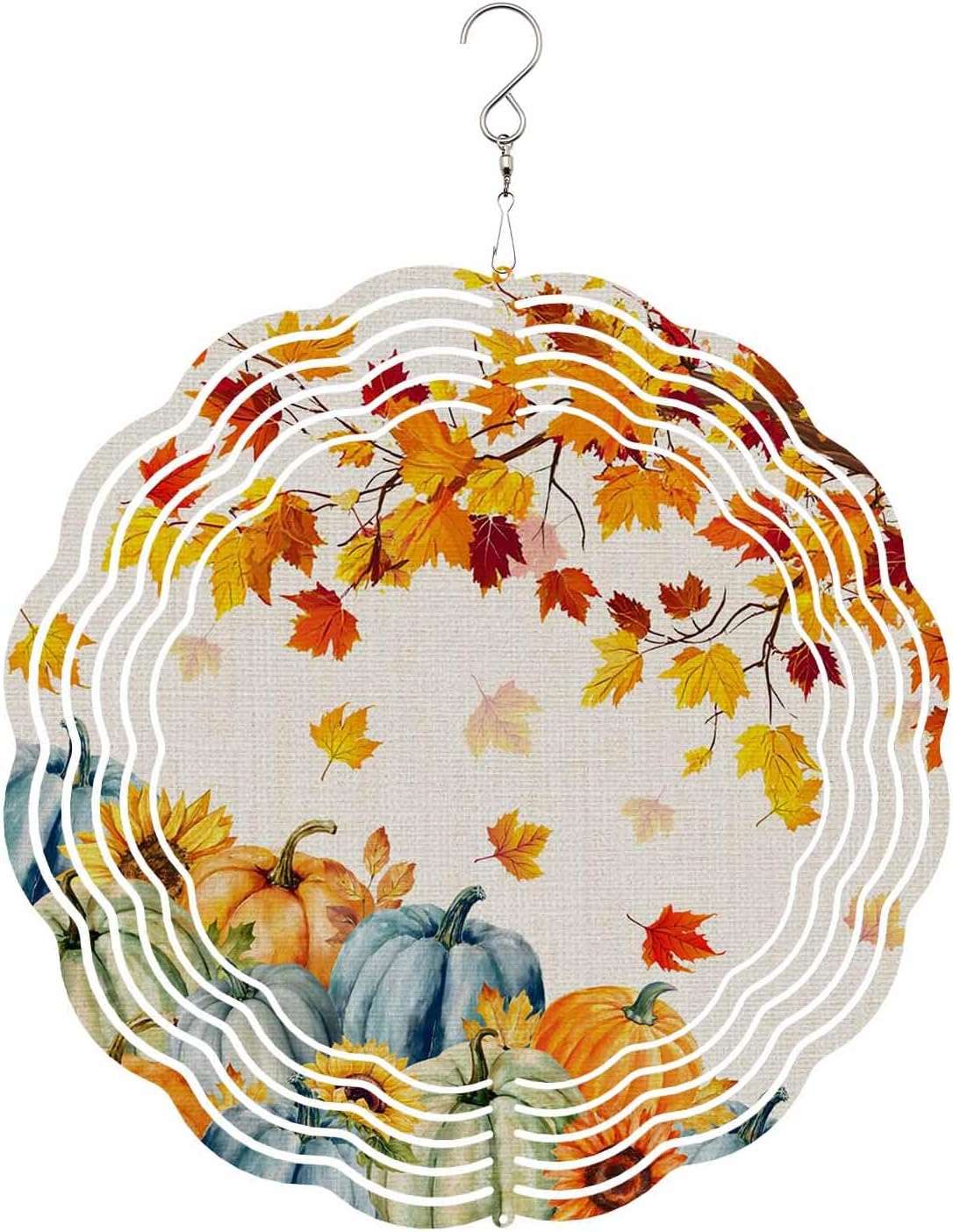 Fall Wind Spinners for Yard and Garden Blue Orange Pumpkin Sunflower Wind Spinner Maple Leaf 3D Metal Stainless Steel Wind Sculptures Chimes Outdoor Patio Fall Thanksgiving Hanging Decor 10 Inch