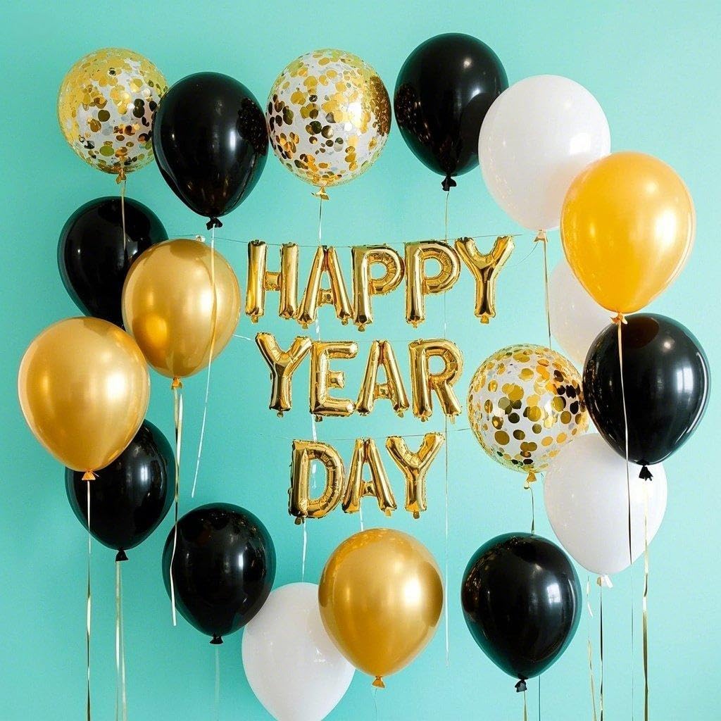 Black Gold White Confetti Balloon Set,100pcs 12 Inch Metallic Gold and Black White Glitter Confetti Balloon for Wedding, Birthday, Graduation Party Decorations,Happy New Year Decorations