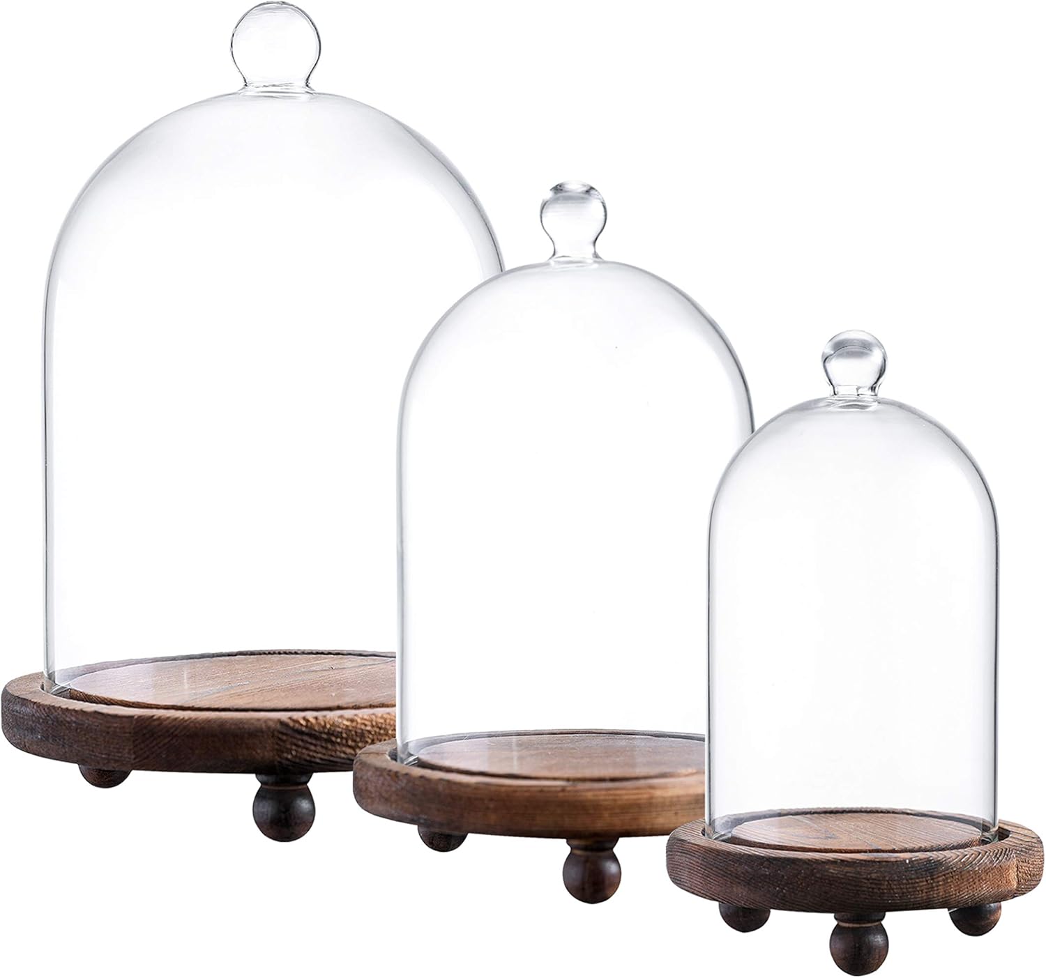 KMwares 3pc Glass Bell Cloche Domes (7.3"/6.5"/5.7"H) with Wood Bases - Elegant Display for Jewelry, Collectibles & Home Decor