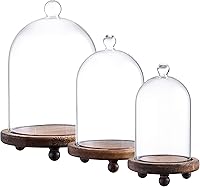 KMwares 3pc Glass Bell Cloche Domes (7.3"/6.5"/5.7"H) with Wood Bases - Elegant Display for Jewelry, Collectibles & Home Decor