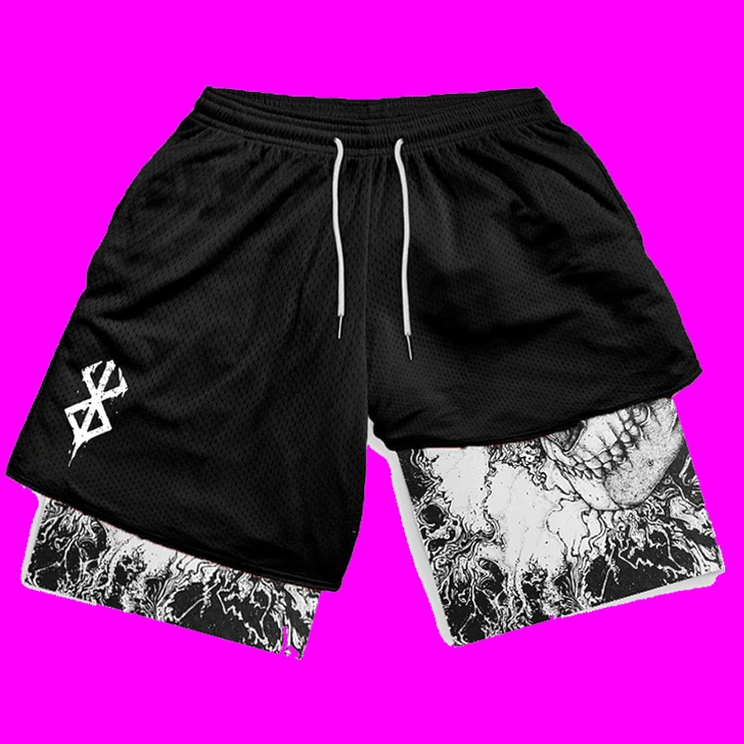Y2K Letnie męskie Streetwear Anime Wysoka talia Oversize Oddychające krótkie spodnie gimnastyczne Szkolenie Fitness Workout Spodenki do biegania Ubrania, czarne (B), L